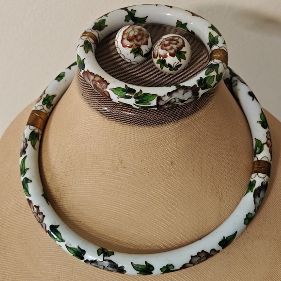 Rare Chinese Export Vintage 60s Cloisonne Hinged Pipe Jewelry Set - Picture 2 of 16